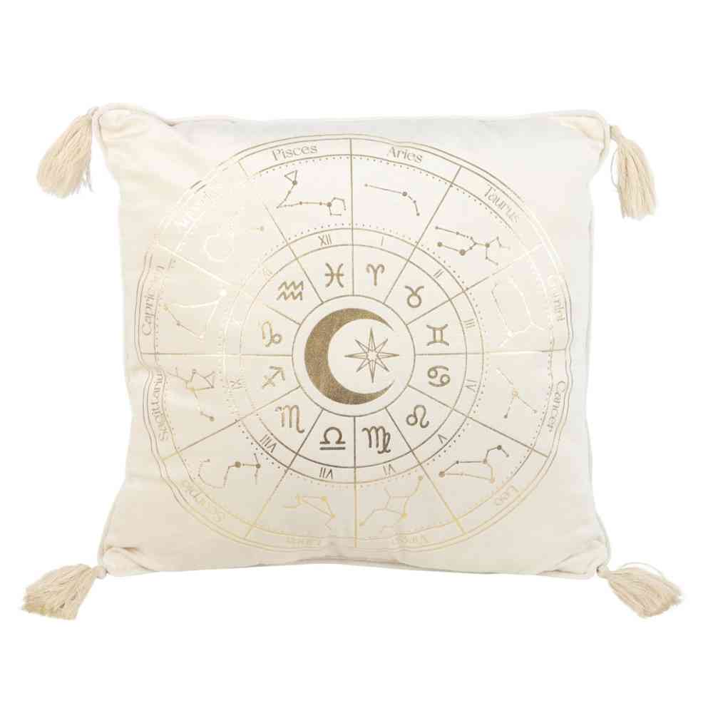 Something Different - 35cm Square Off White Astrology Wheel Cushion - White/Gold coloured